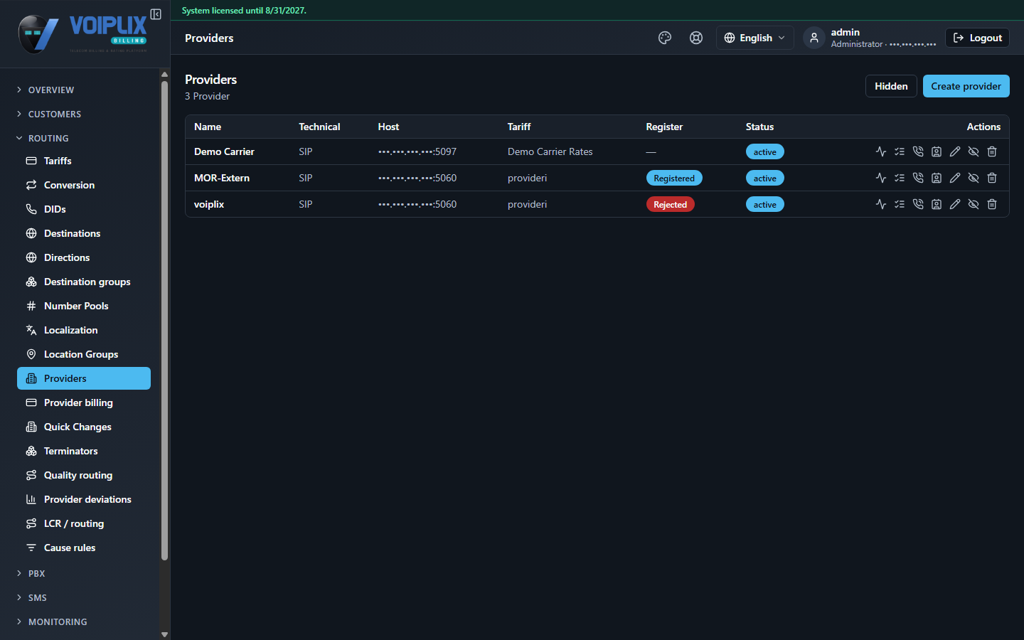 Providers list showing name, technical protocol, host, tariff, registration and status.