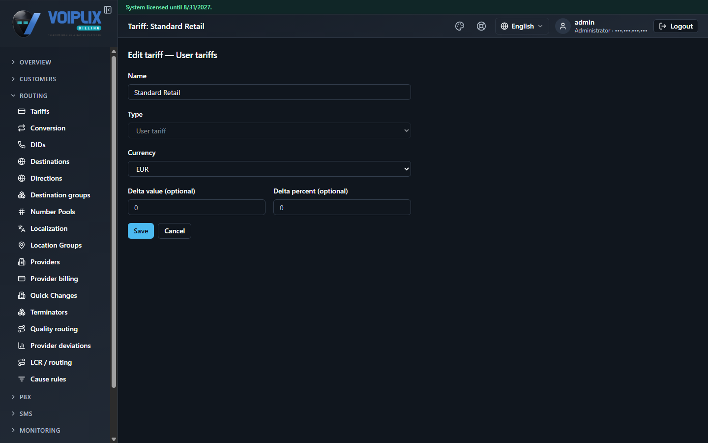 Edit tariff form with Name, Type, Currency and delta fields.