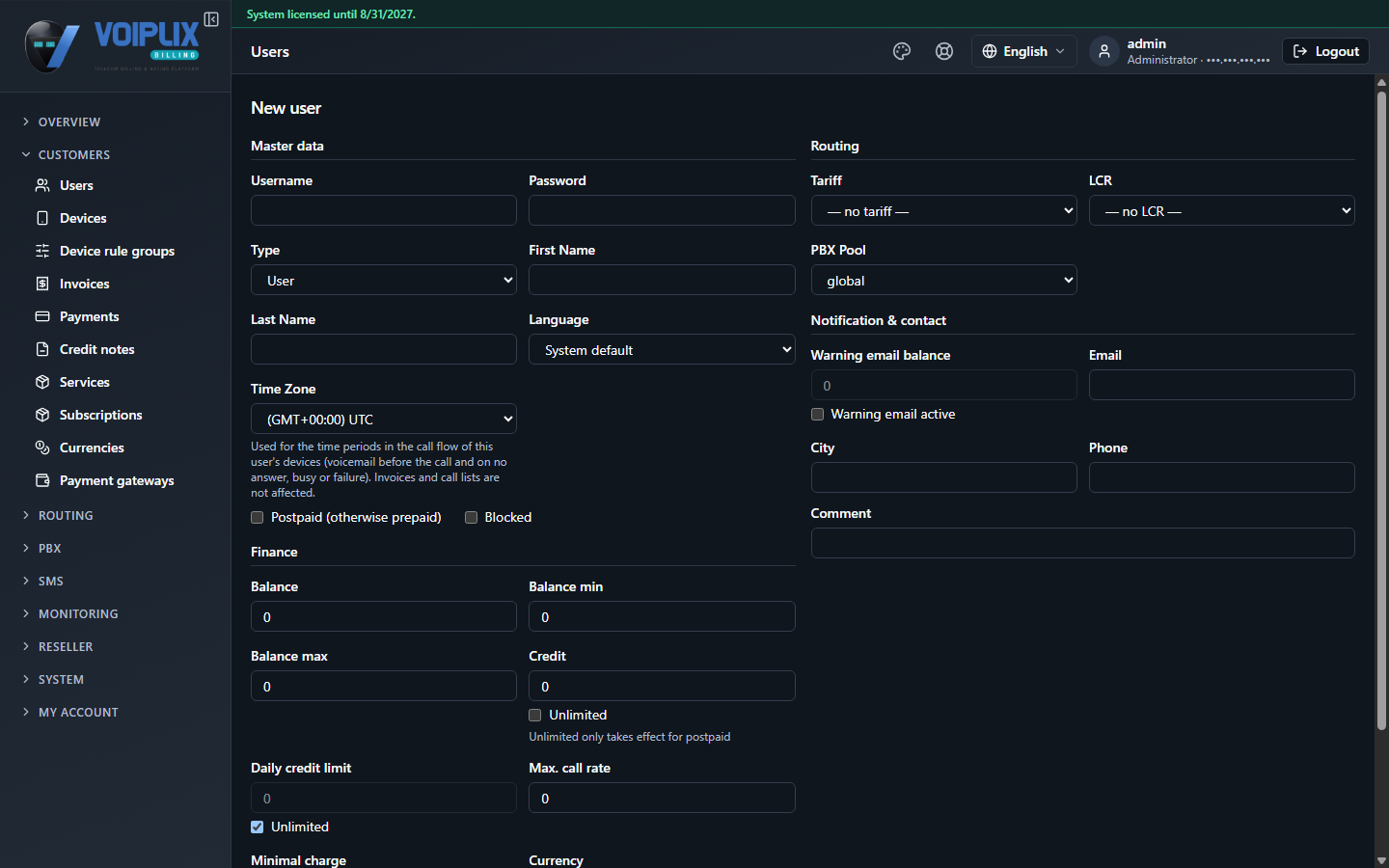 New user form with master data on the left and routing (Tariff, LCR, PBX Pool) and finance fields on the right.