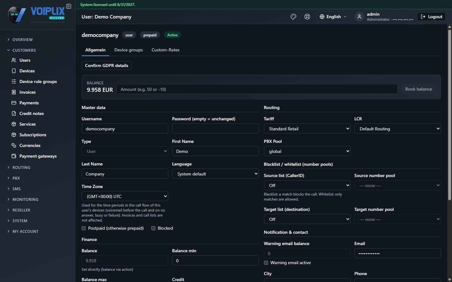 User detail page showing status badges, the balance card, and master data and routing fields including Tariff and LCR.