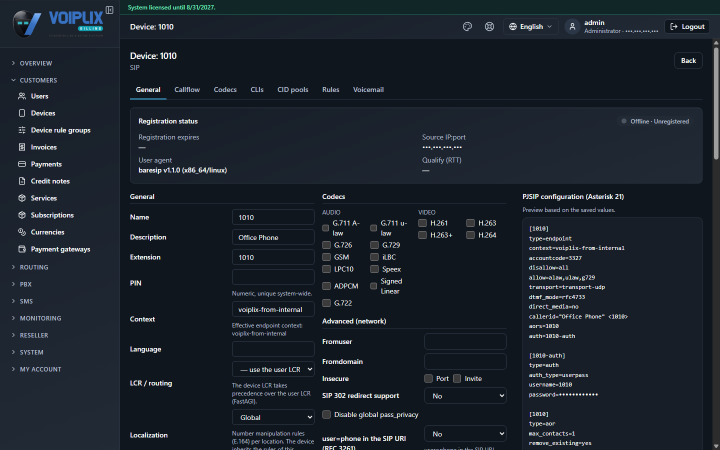 Device edit page General tab with registration status, name and extension fields, codecs, and a generated PJSIP configuration preview.