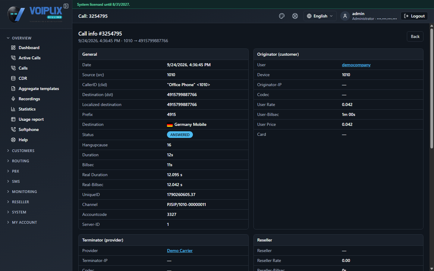 Call detail page showing source, destination, duration, billsec, User Rate, User-Billsec, User Price and the terminating provider.
