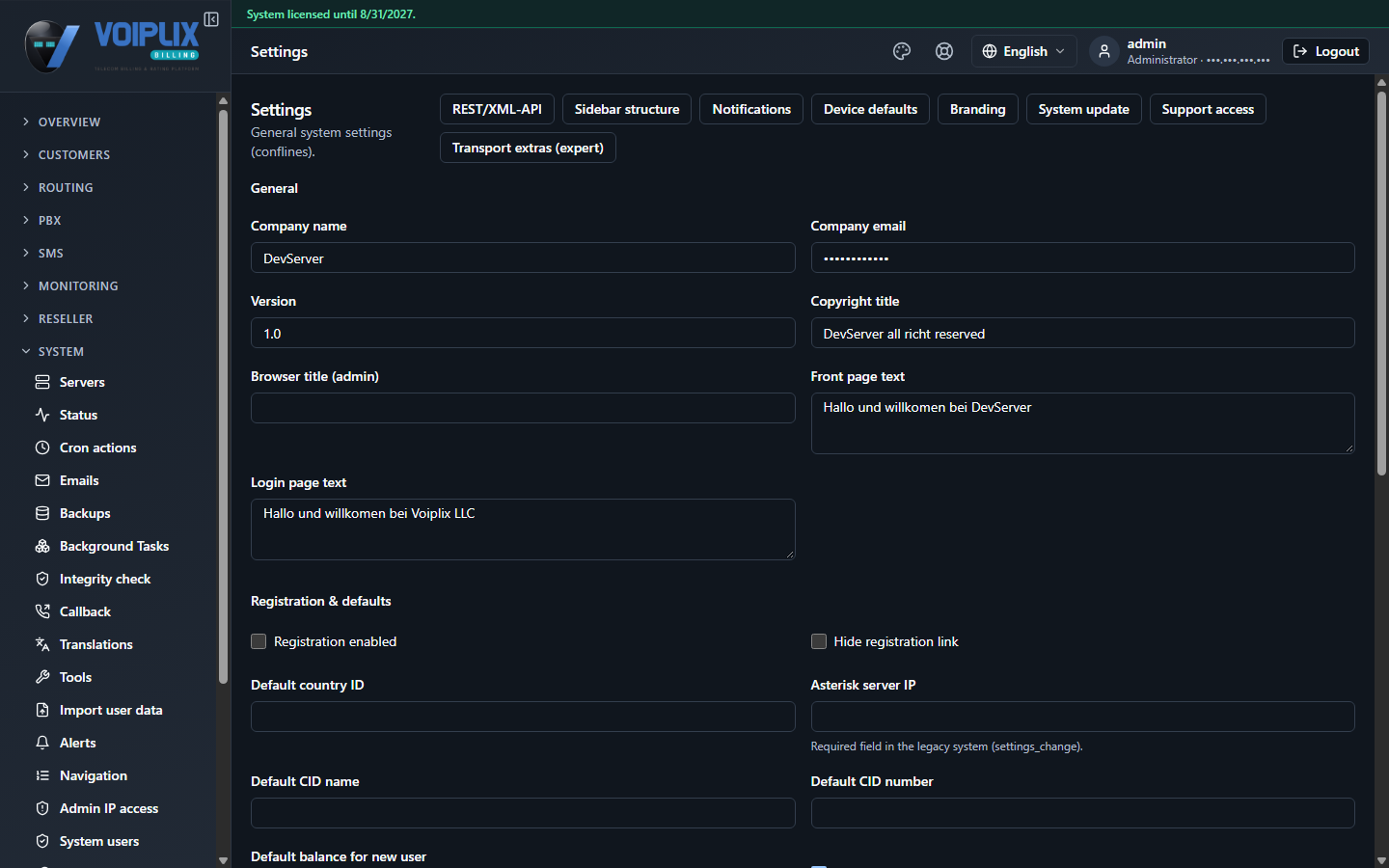 Settings page with the General settings form on the left and a row of quick-link buttons at the top right.