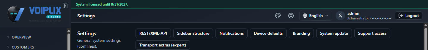 Row of quick-link buttons: REST/XML-API, Sidebar structure, Notifications, Device defaults, Branding, System update, Support access, Transport extra.