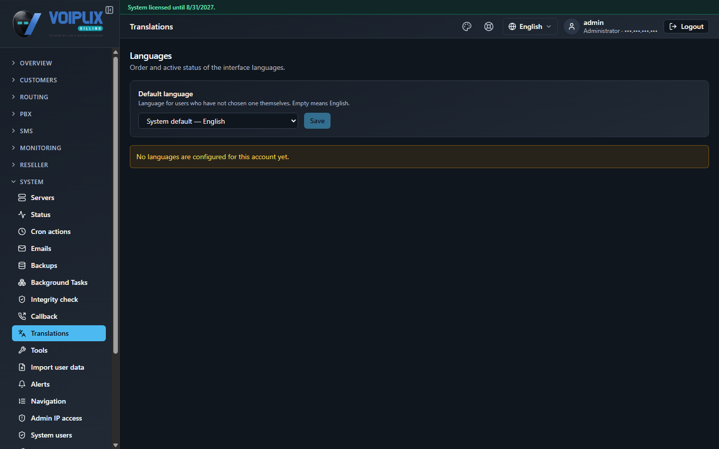 Languages page: default language selector at the top, and a table of interface languages with native name, short name and an active toggle.