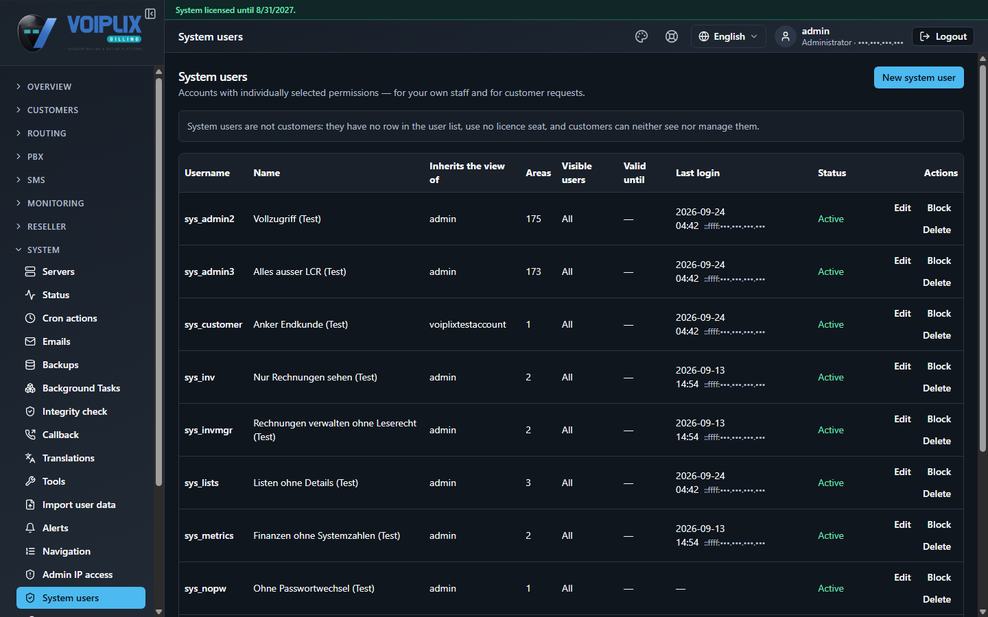 System users list with columns for username, name, inherits the view of, areas, visible users, expiry and status.