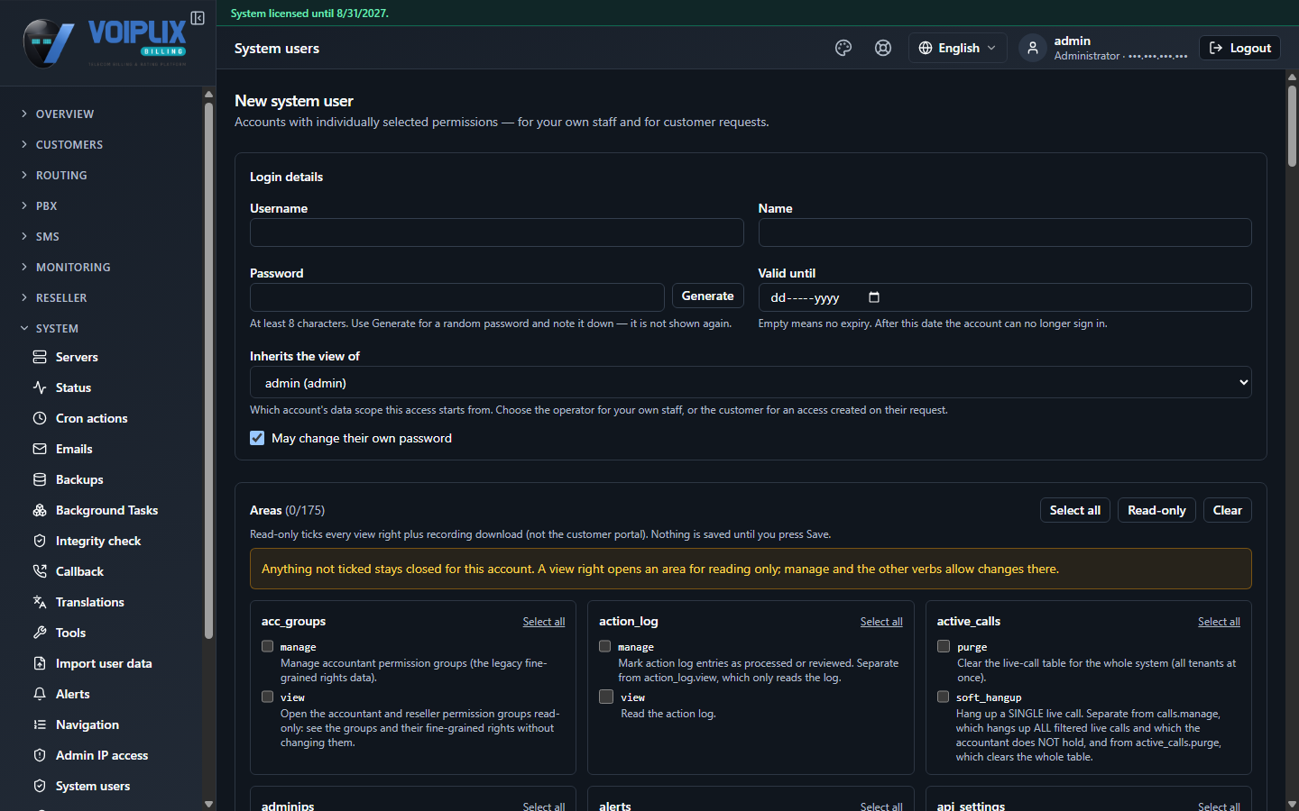 New system user form with username, display name, inherits-the-view-of selector, expiry date field and capability checkboxes.