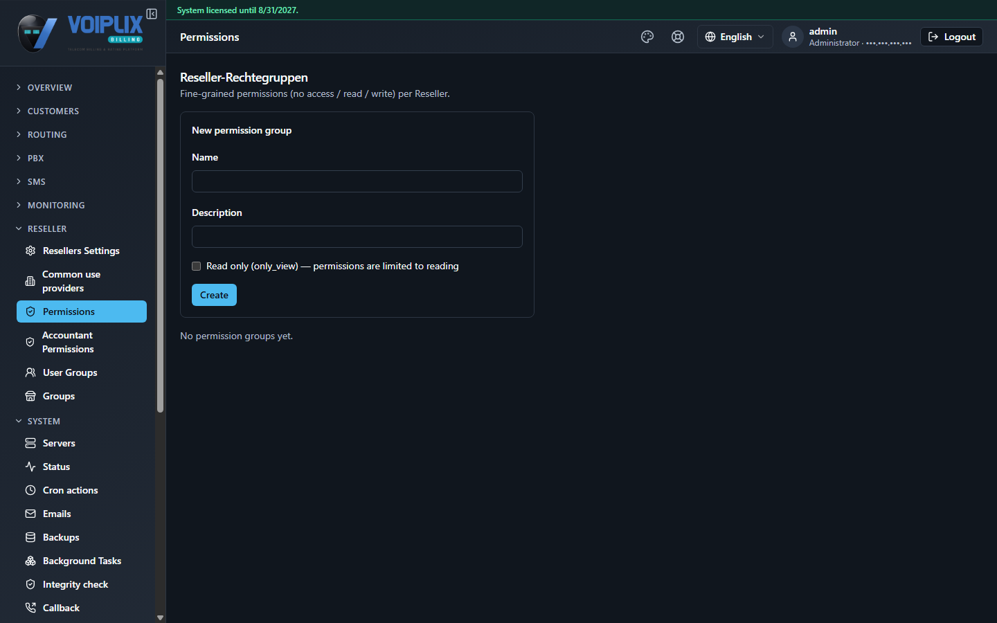Reseller permission groups page listing groups with name, description and a view-only flag.