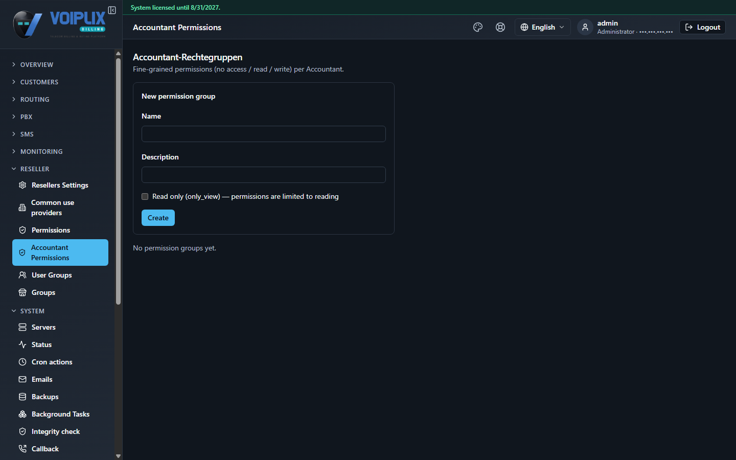 Accountant permission groups page, same layout as the reseller one, admin only.