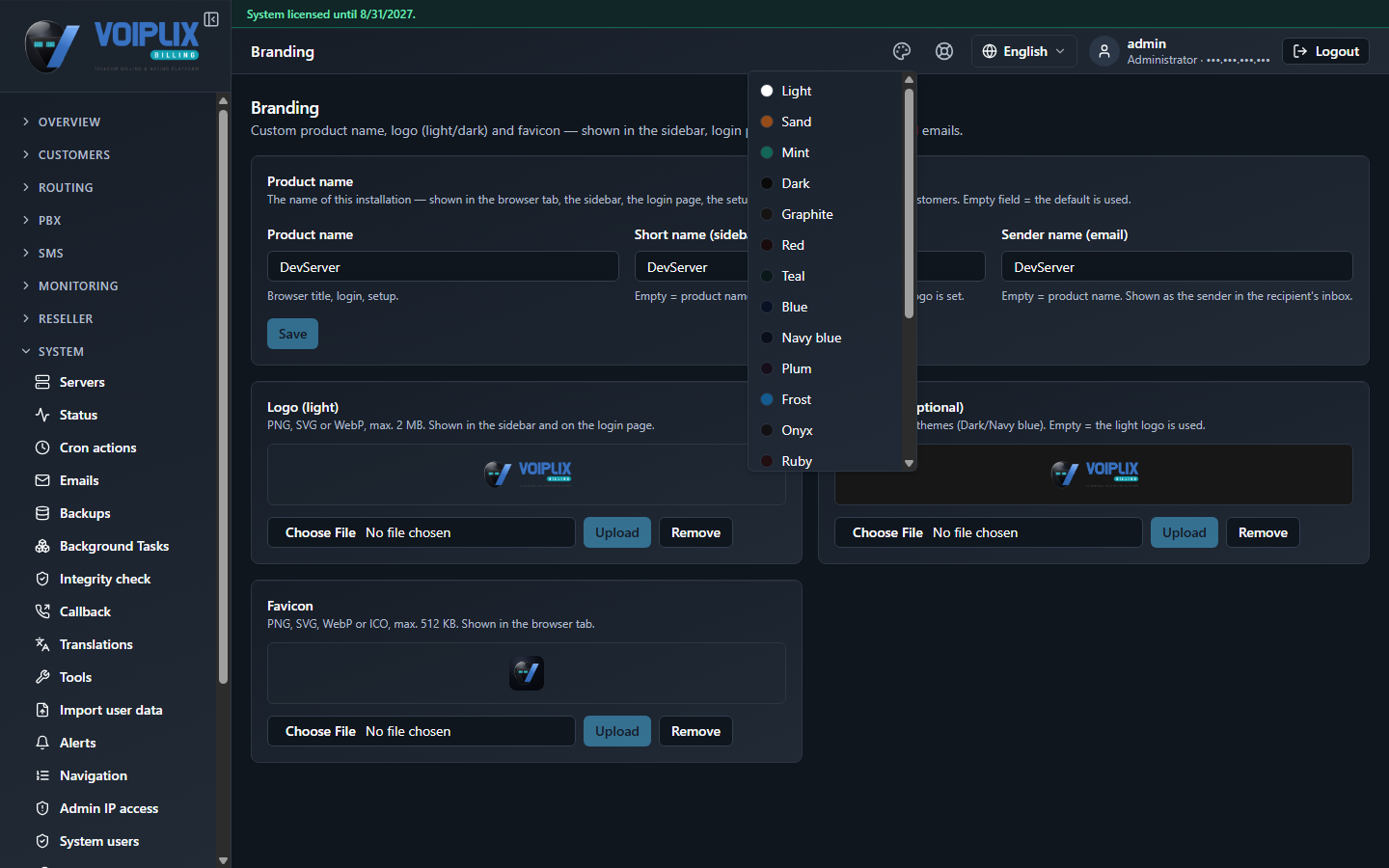 Open theme menu listing Light, Sand, Mint, Dark, Graphite, Red, Teal, Blue, Navy blue, Plum, Frost, Onyx, Ruby and more, each with a color swatch, scrollable.
