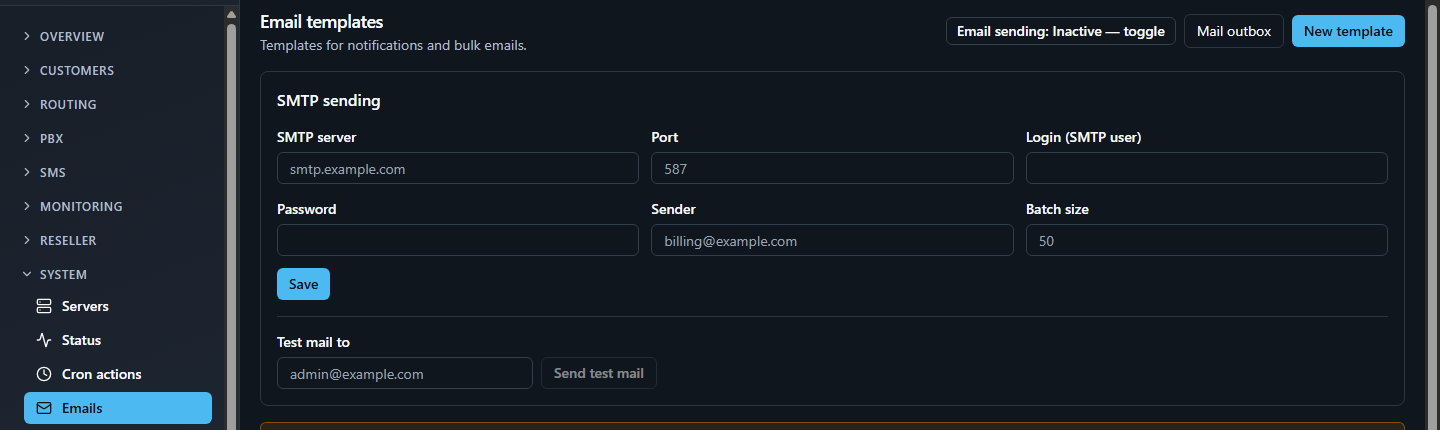 SMTP sending card with SMTP server, Port, Login, Password, Sender and Batch size fields, plus a Test mail to field and Send test mail button.