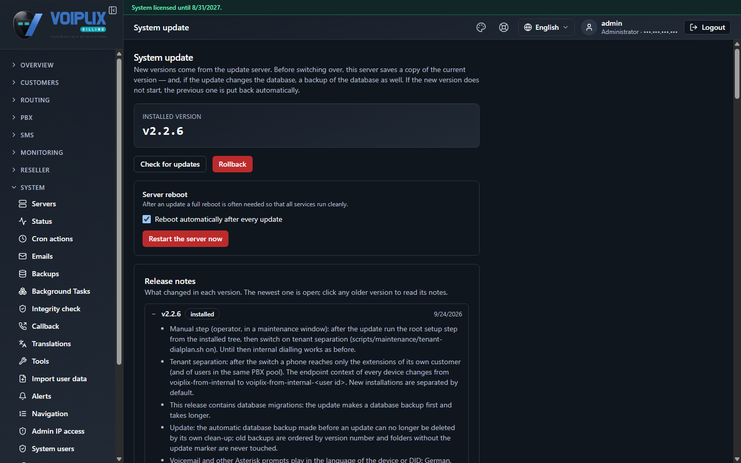 System update page showing the installed version number, Check for updates and Rollback buttons, a server reboot toggle, and a list of release notes starting with the current version.