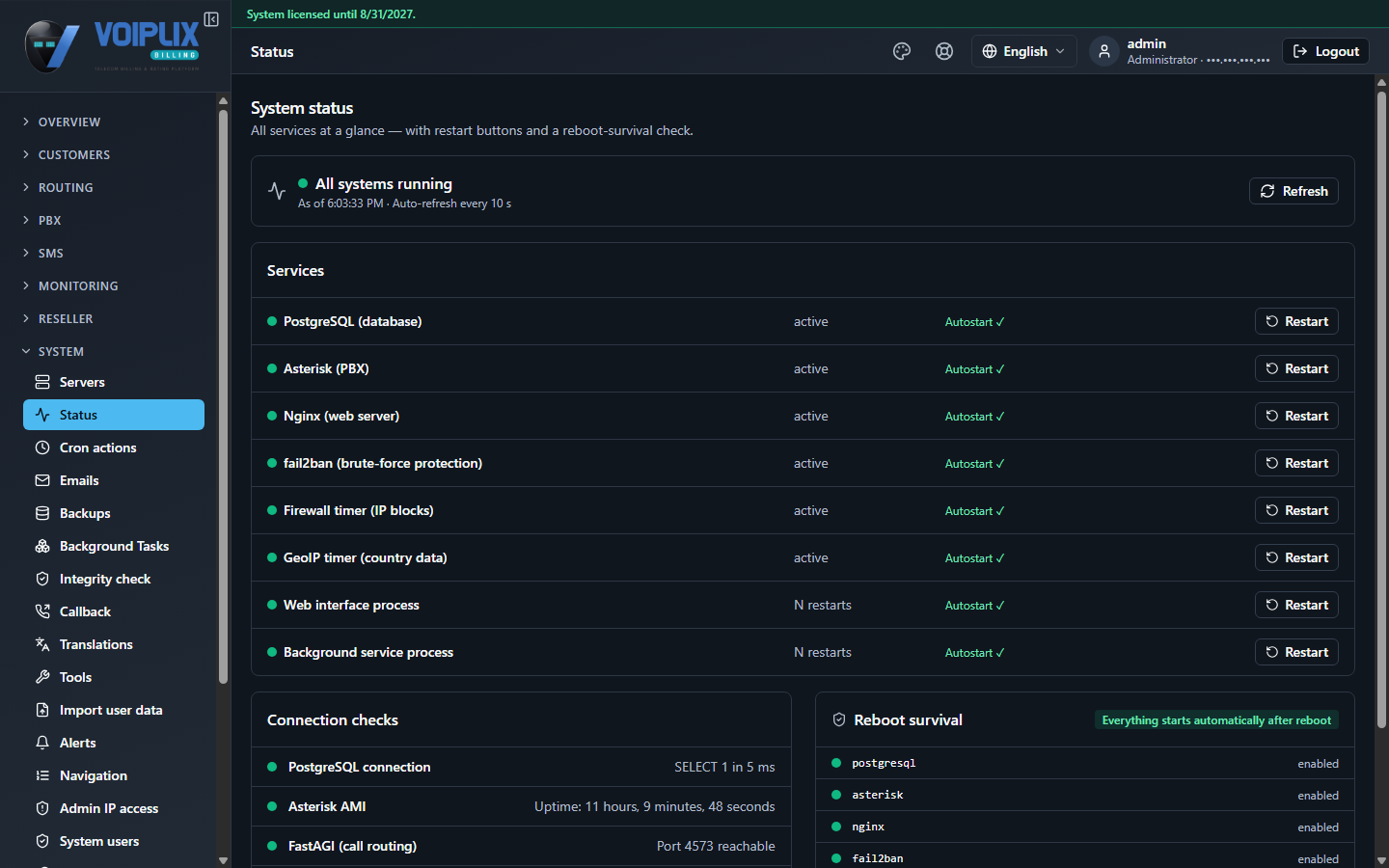 System status page: an overall All systems running banner, a Services list (PostgreSQL, Asterisk, Nginx, fail2ban, Firewall timer, GeoIP timer, Web interface process, Background service process) each with a status dot, restart count and Restart button, plus Connection checks and Reboot survival panels.