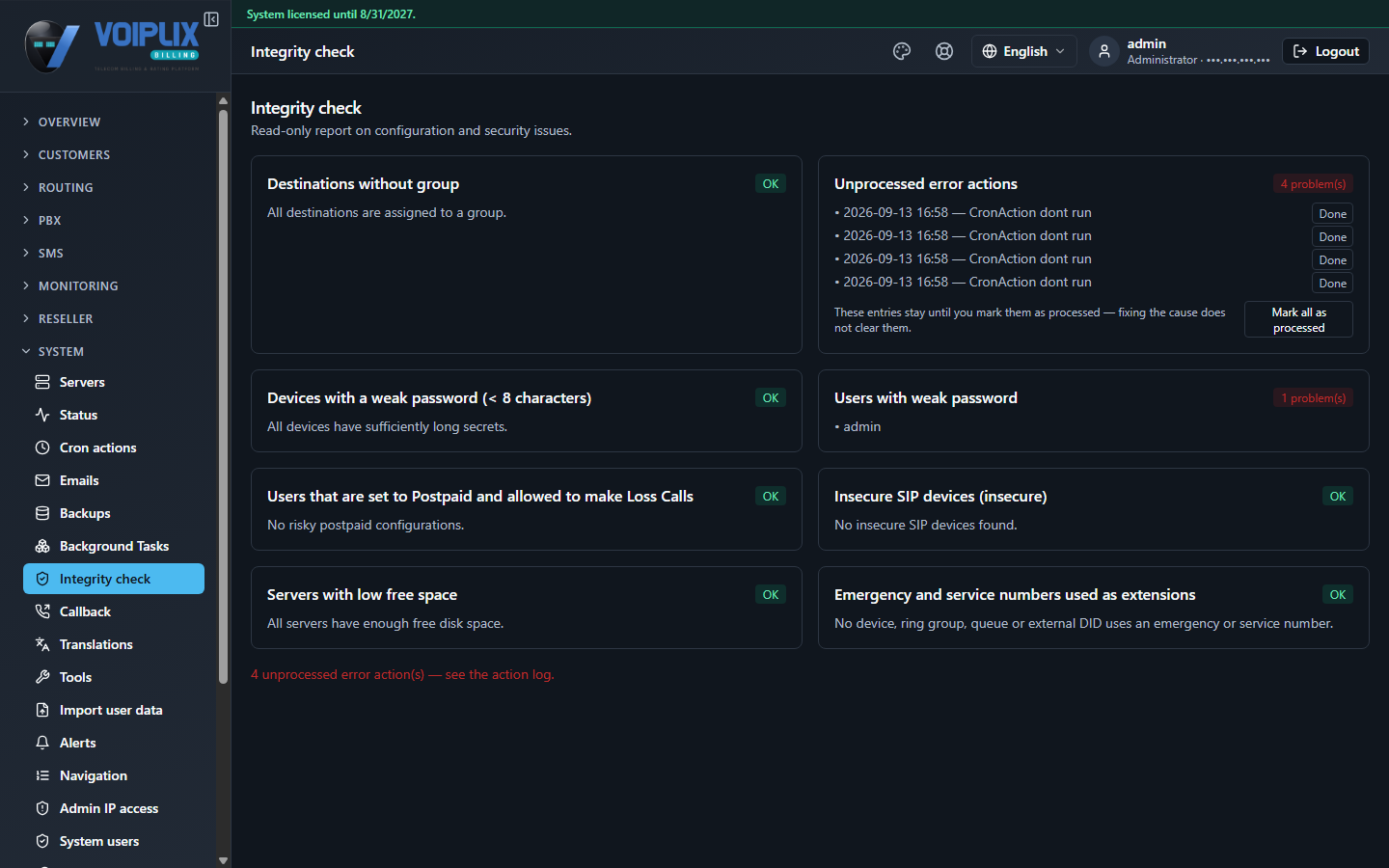 Integrity check page with a grid of cards: Destinations without group (OK), Unprocessed error actions (4 problems, with a Done button per row), Devices with a weak password (OK), Users with weak password (1 problem), Postpaid-and-allowed-loss-calls users (OK), Insecure SIP devices (OK), Servers with low free space (OK), and Emergency numbers used as extensions (OK).