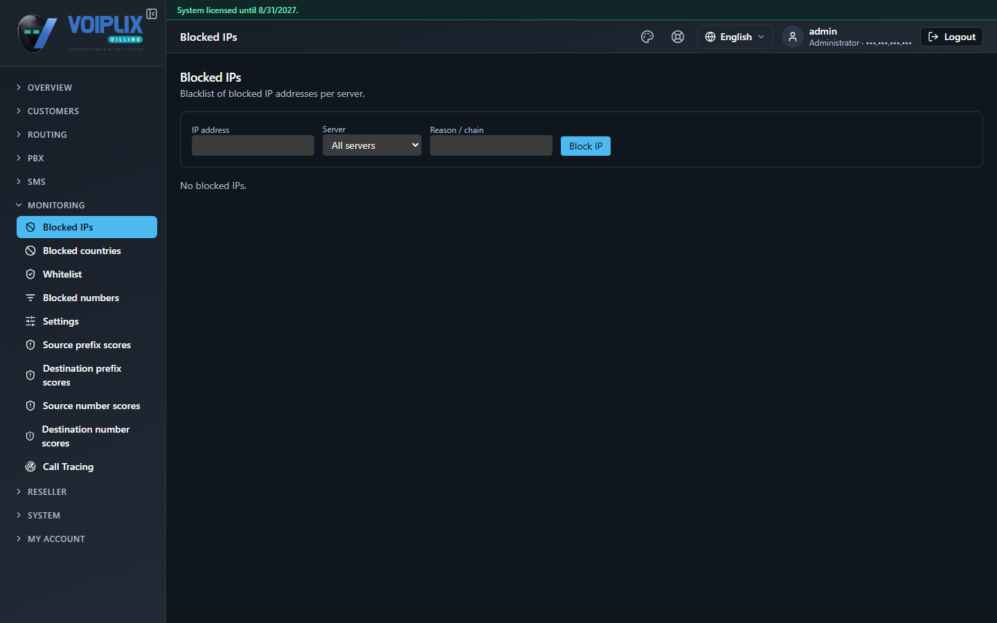 Blocked IPs page with an IP address field, a Server dropdown (All servers), a Reason/chain field, a Block IP button, and an empty list below saying No blocked IPs.