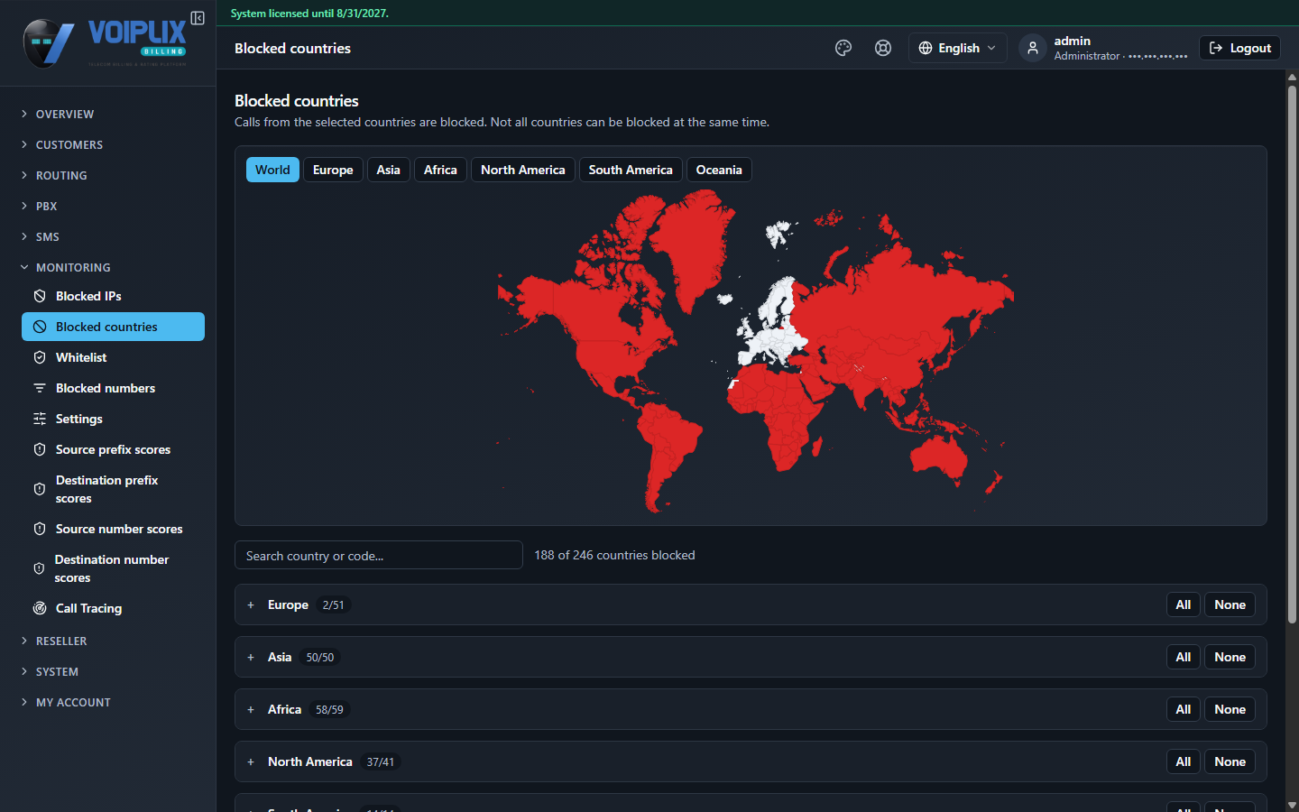Blocked countries page with a world map showing most countries in red (blocked) and Europe mostly white (not blocked), region tabs above, a country search box, and a count of 188 of 246 countries blocked below.