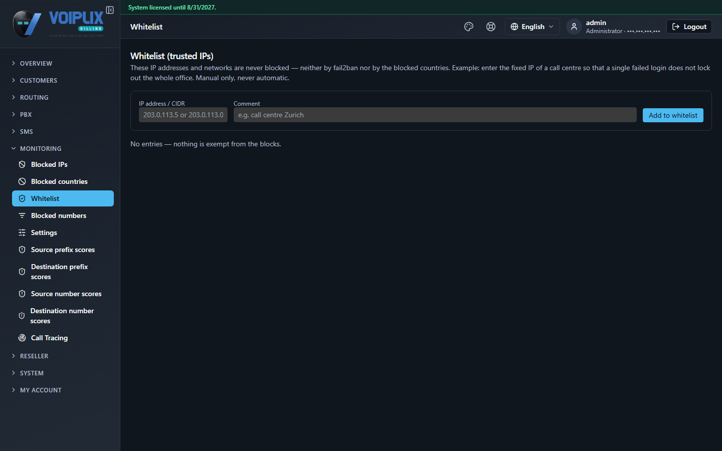 Whitelist page with an IP address / CIDR field, a Comment field, an Add to whitelist button, and an empty list saying No entries — nothing is exempt from the blocks.