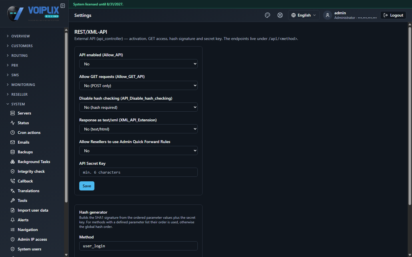 REST/XML-API settings page with API enabled, Allow GET requests, Disable hash checking and Response as text/xml dropdowns, and an API Secret Key field, all currently set to their off/default values.