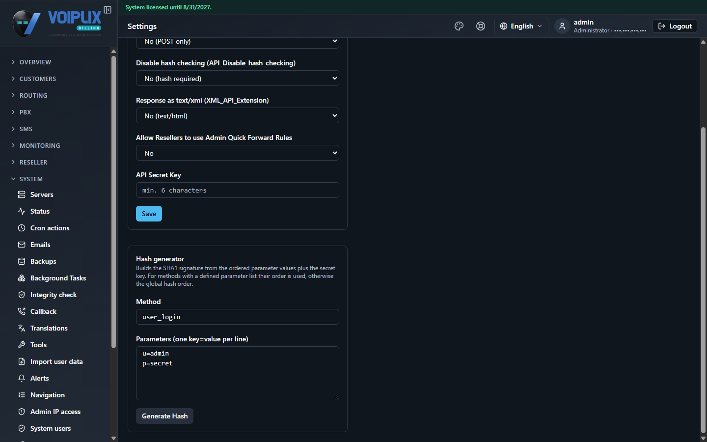 Hash generator card with a Method field (user_login), a Parameters textarea (one key=value pair per line, showing u=admin and p=secret) and a Generate Hash button.