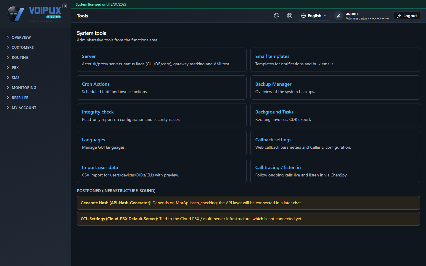 Tools page with the heading System tools and subtitle Administrative tools from the functions area, a grid of tiles (Server, Email templates, Cron Actions, Backup Manager, Integrity check, Background Tasks, Languages, Callback settings, Import user data, Call tracing / listen in), and a Postponed (infrastructure-bound) section below listing Generate Hash and CCL-Settings with their reasons.