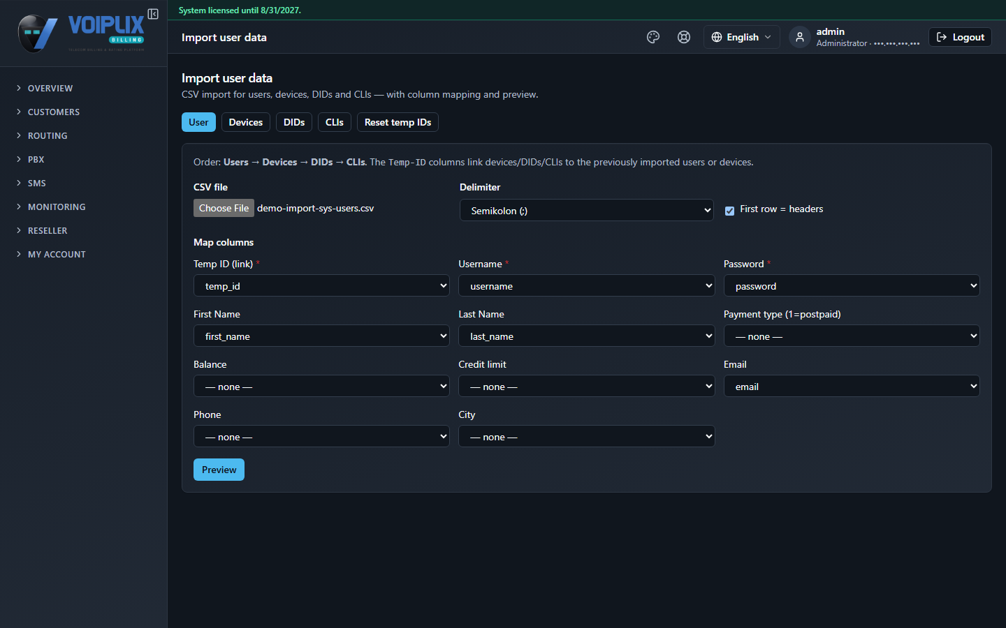 Import user data page with the User/Devices/DIDs/CLIs/Reset temp IDs buttons, a CSV file picker with a loaded file, Delimiter and First row = headers controls, and a Map columns section with dropdowns for Temp ID (link), Username, Password, First Name, Last Name, Payment type, Balance, Credit limit, Email, Phone and City, and a Preview button.