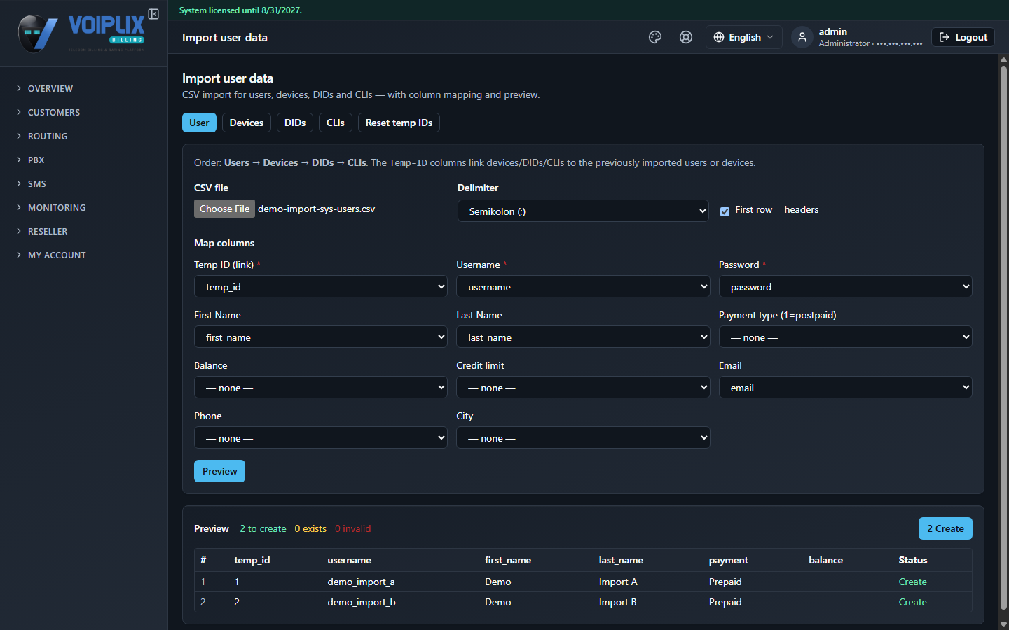 Same Import user data page after clicking Preview: a Preview section showing 2 to create, 0 exists, 0 invalid, an N Create button, and a table with columns #, temp_id, username, first_name, last_name, payment, balance, Status, listing two demo rows both marked Create.
