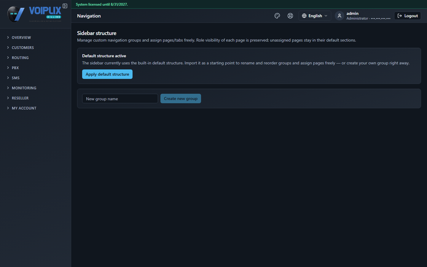 Navigation page with heading Sidebar structure, a Default structure active note explaining that the sidebar currently uses the built-in default structure with an Apply default structure button, and a New group name field with a Create new group button.