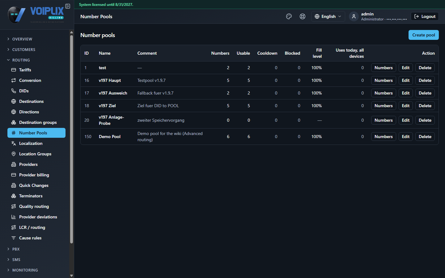 Number Pools list with columns ID, Name, Comment, Numbers, Usable, Cooldown, Blocked, Fill level, Uses today all devices, and Numbers/Edit/Delete actions per row, including a demo row 'Demo Pool' with 6 numbers at 100% fill level.