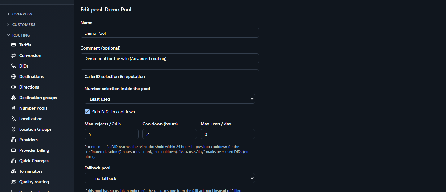 Edit pool: Demo Pool form. Name and Comment fields, then a CallerID selection & reputation panel: Number selection inside the pool set to 'Least used', Skip DIDs in cooldown checked, Max. rejects / 24 h = 5, Cooldown (hours) = 2, Max. uses / day = 0, and a Fallback pool dropdown set to '— no fallback —'.