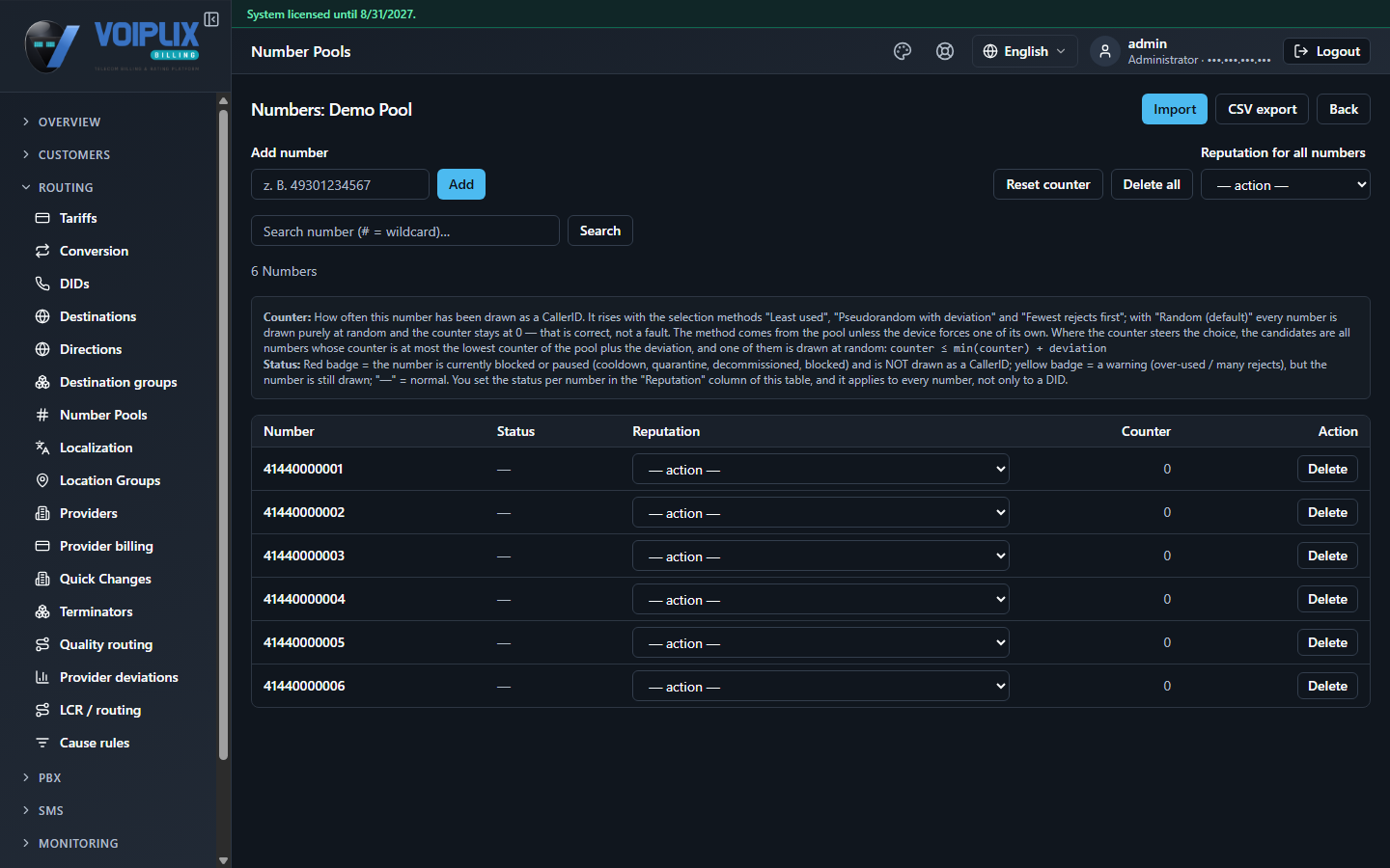 Numbers: Demo Pool page. Add number field with an Add button, Import/CSV export/Back buttons, a Reset counter and Delete all with a bulk Reputation dropdown, an explanatory note about the Counter and Status columns, and a table of 6 numbers 41440000001 through 41440000006, each with Status —, a Reputation dropdown and a Delete action.