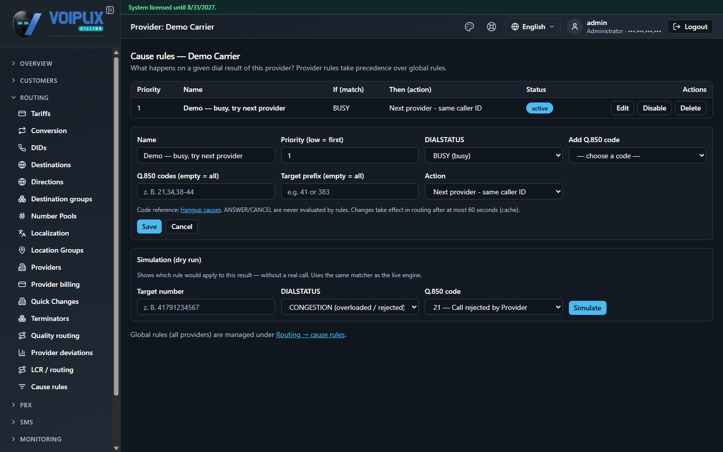 Cause rule edit form with fields Name 'Demo — busy, try next provider', Priority (low = first) 1, DIALSTATUS 'BUSY (busy)', Add Q.850 code dropdown, Q.850 codes (empty = all), Target prefix (empty = all), Action 'Next provider - same caller ID', a Save/Cancel pair, and a note 'Code reference: Hangup causes. ANSWER/CANCEL are never evaluated by rules. Changes take effect in routing after at most 60 seconds (cache).'