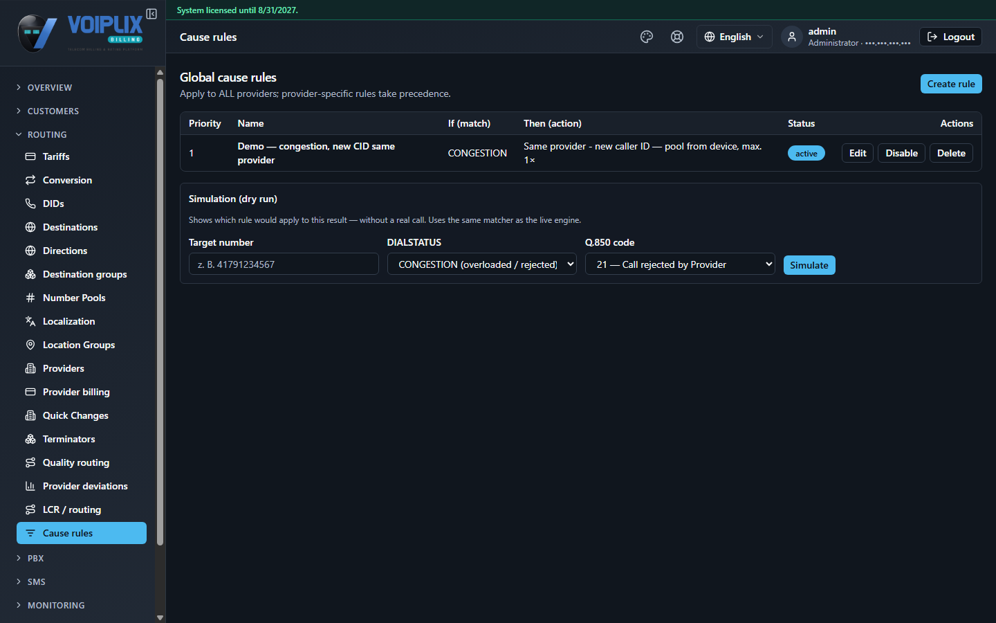 Global cause rules page: heading 'Global cause rules', subtext 'Apply to ALL providers; provider-specific rules take precedence.', a table with one rule Priority 1, Name 'Demo — congestion, new CID same provider', If (match) CONGESTION, Then (action) 'Same provider - new caller ID — pool from device, max. 1x', Status active, and the Simulation panel below.