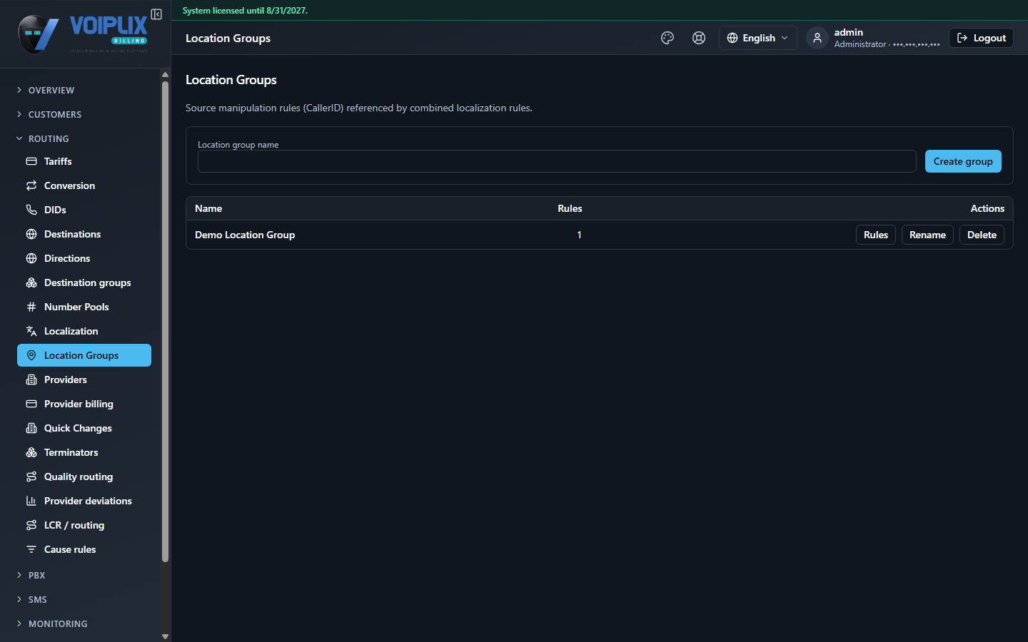 Location Groups page: intro text 'Source manipulation rules (CallerID) referenced by combined localization rules.', a Create group form, and a table with one row 'Demo Location Group' (1 rule) with Rules/Rename/Delete actions.