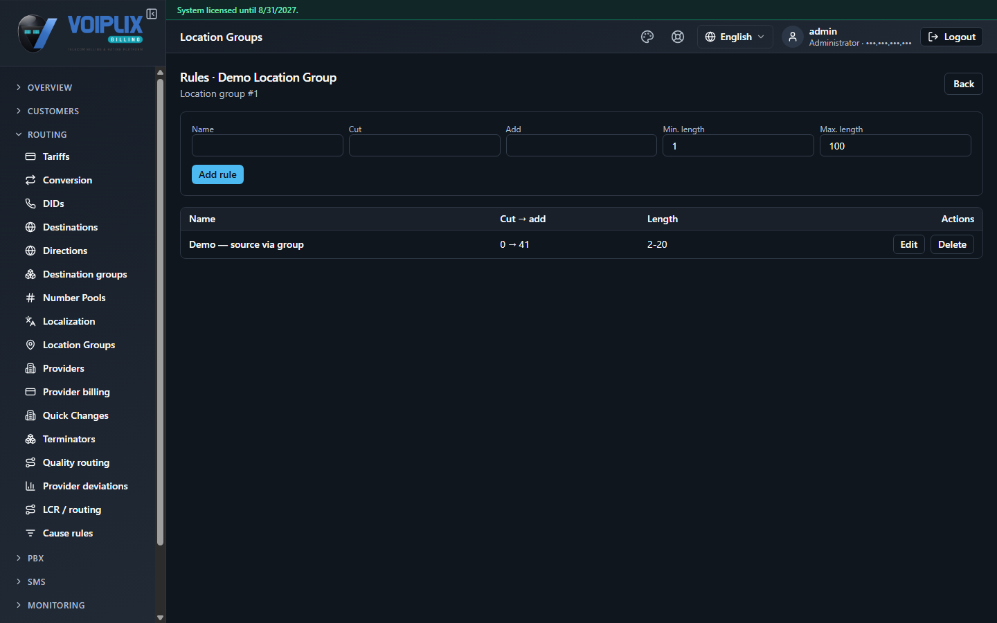 Rules · Demo Location Group page with an inline add-rule form (Name, Cut, Add, Min. length, Max. length, Add rule button) and a table showing one rule 'Demo — source via group' (Cut → add: 0 → 41, Length 2-20).