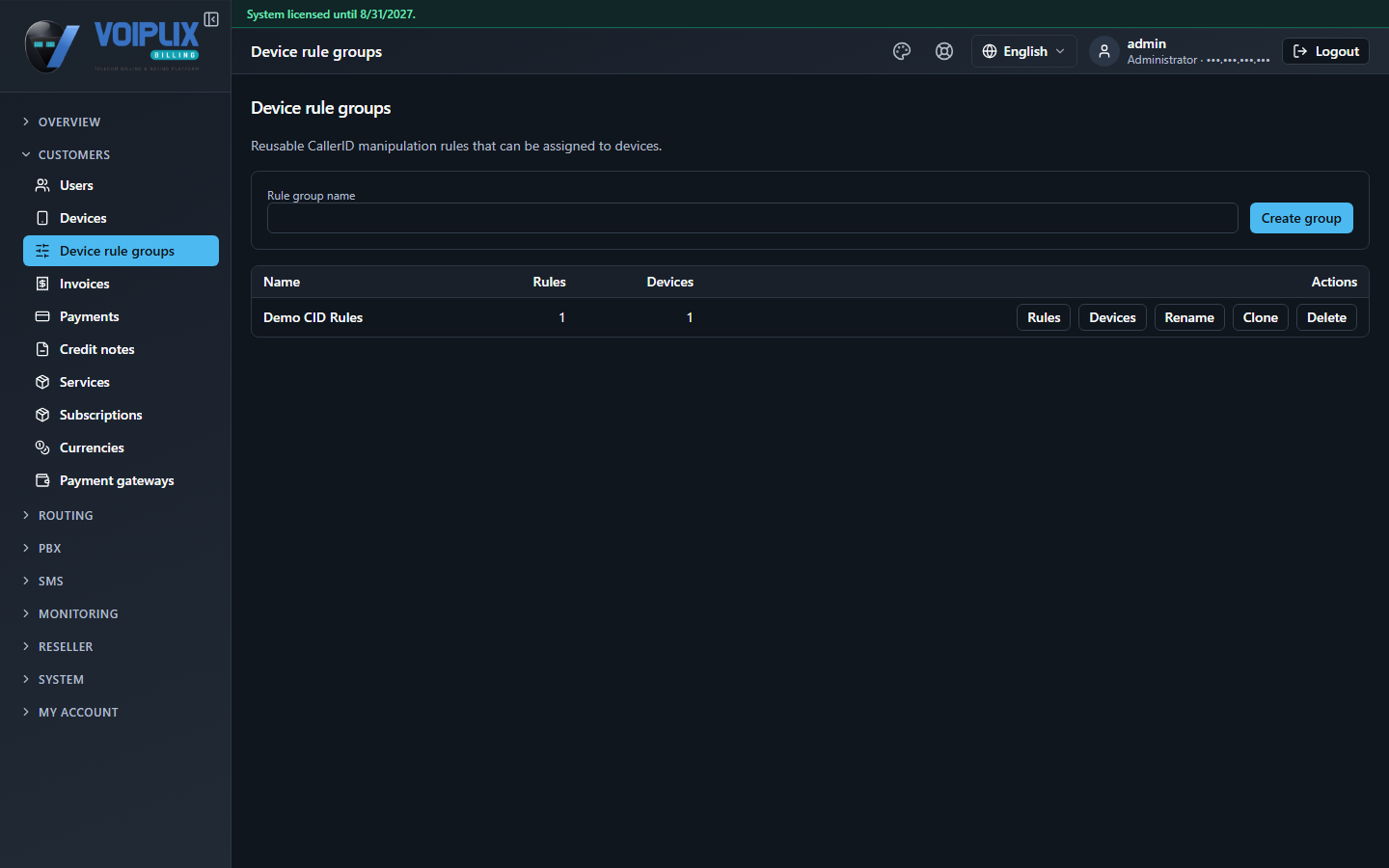 Device rule groups page: intro text 'Reusable CallerID manipulation rules that can be assigned to devices.', a Create group form, and a table with one row 'Demo CID Rules' (1 rule, 1 device) with Rules/Devices/Rename/Clone/Delete actions.