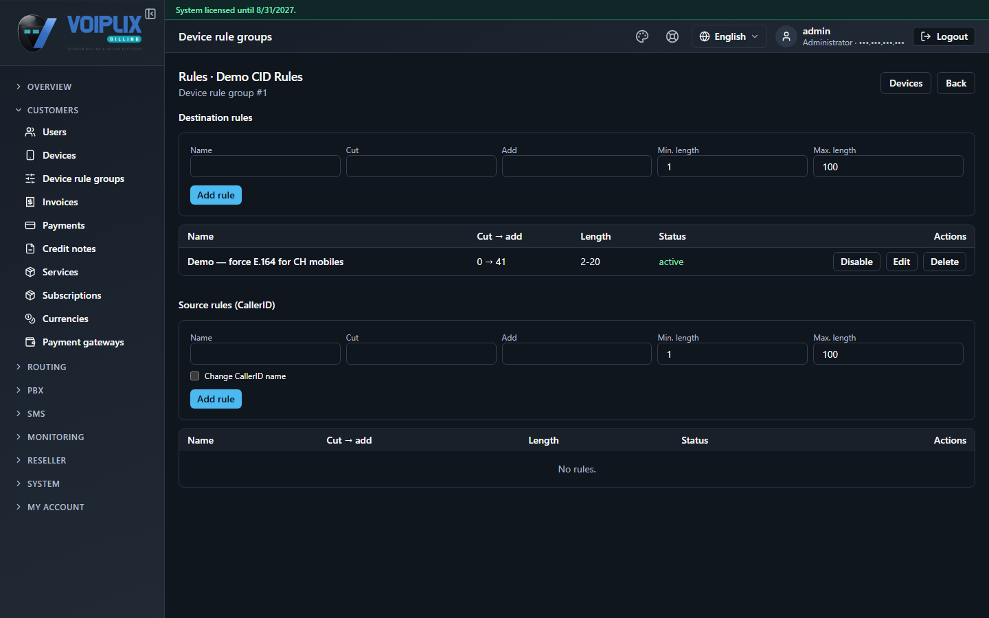Rules · Demo CID Rules page with a Destination rules section (add-rule form, and one rule 'Demo — force E.164 for CH mobiles' with Cut → add 0 → 41, Length 2-20, active) and a Source rules (CallerID) section with its own add-rule form including a Change CallerID name checkbox, and 'No rules.'