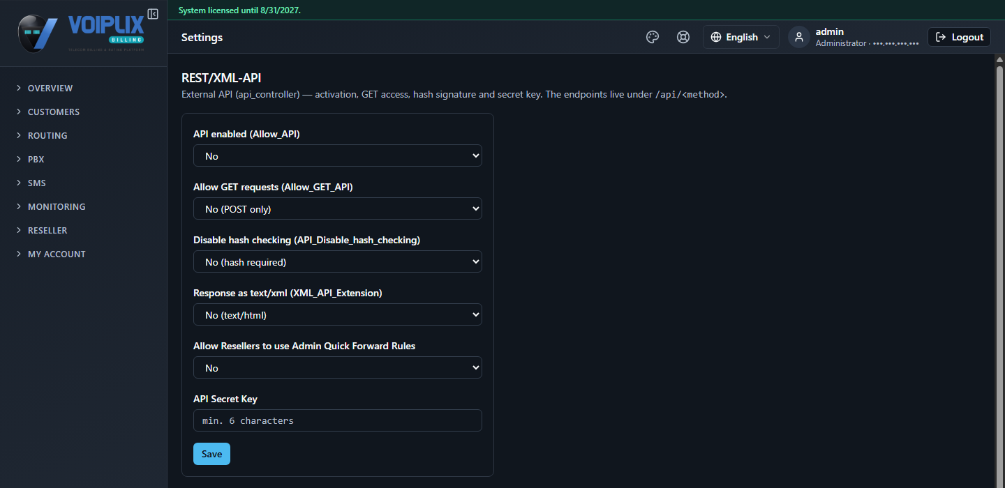 Settings page, REST/XML-API card: API enabled, Allow GET requests, Disable hash checking, Response as text/xml and Allow Resellers to use Admin Quick Forward Rules dropdowns, plus an empty API Secret Key field and a Save button.