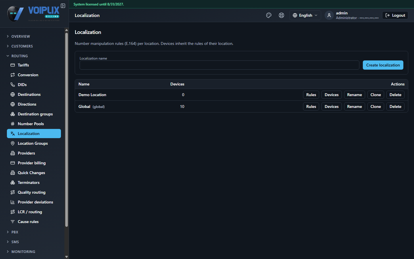 Localization page in the product: a Localization name field with a Create localization button, and a list of locations (Demo Location, Global) each with Name, Devices count, and Rules / Devices / Rename / Clone / Delete actions.