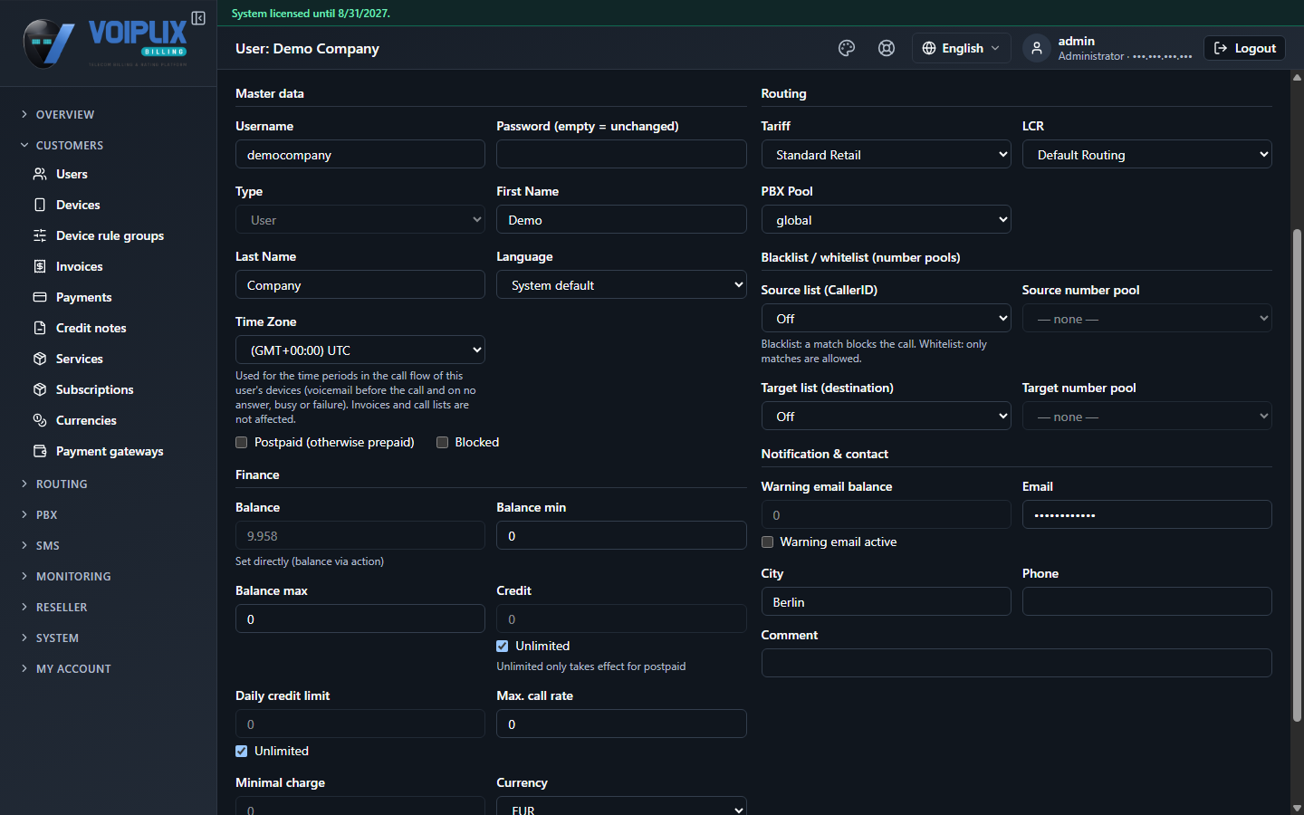 User edit page for demo user democompany: unchecked Postpaid (otherwise prepaid) checkbox, and the Finance section below it with Balance, Balance min/max, Credit, Daily credit limit, Max call rate, Minimal charge and Currency.