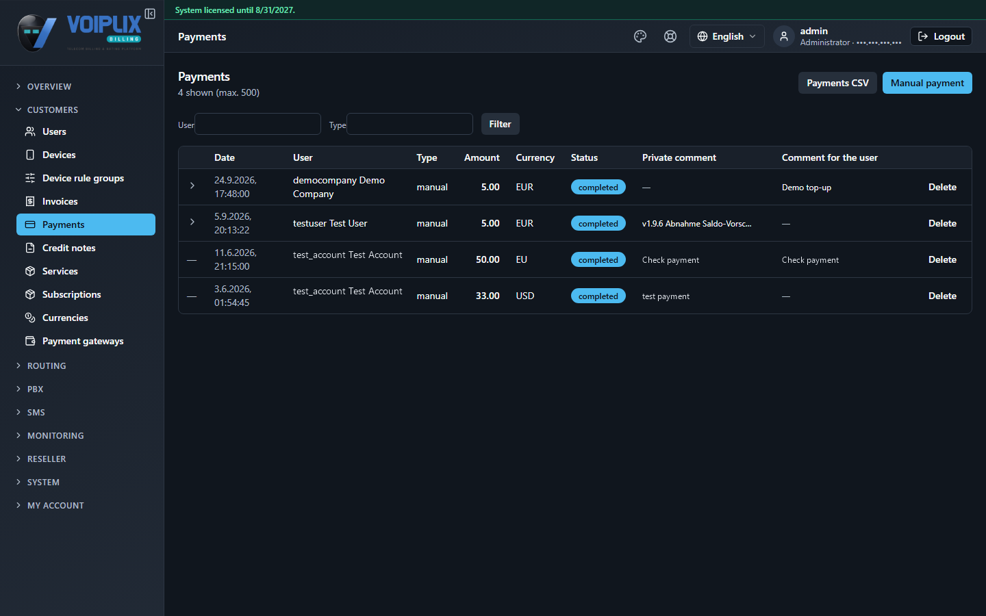 Payments list in the product: Date, User, Type, Amount, Currency, Status, Private comment and Comment for the user columns.