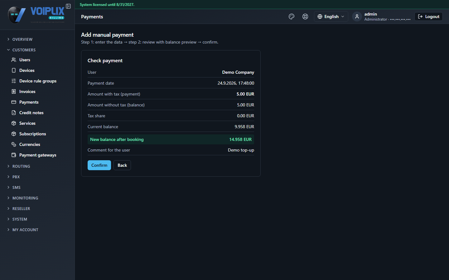 Check payment step: User Demo Company, Payment date, Amount with tax (payment) 5.00 EUR, Amount without tax (balance) 5.00 EUR, Tax share 0.00 EUR, Current balance 9.958 EUR, New balance after booking 14.958 EUR highlighted in green, Comment for the user Demo top-up, and Confirm/Back buttons.