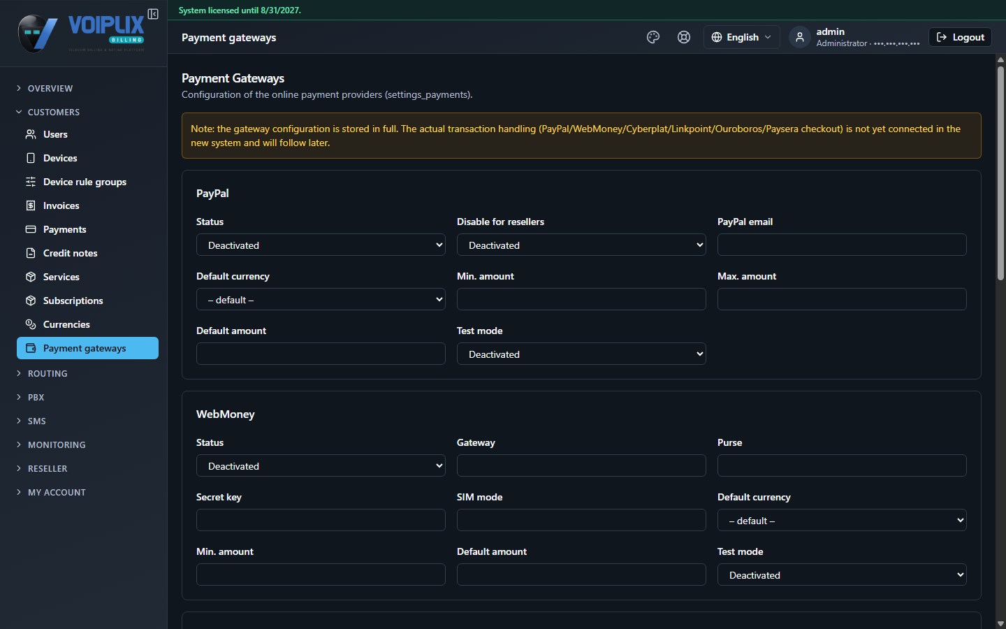 Payment gateways settings page: an amber note that the actual checkout is not connected yet, then cards for PayPal and WebMoney with Status, account/secret fields, default currency, min/max amount and test mode, all currently empty and deactivated.