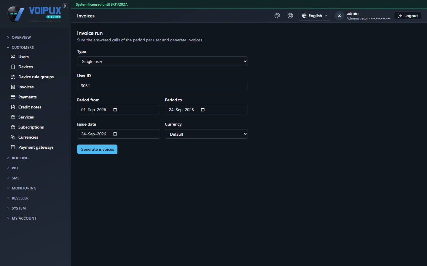 Invoice run form: Type set to Single user, User ID 3031, Period from 01-Sep-2026, Period to 24-Sep-2026, Issue date 24-Sep-2026, Currency Default, and a Generate invoices button.