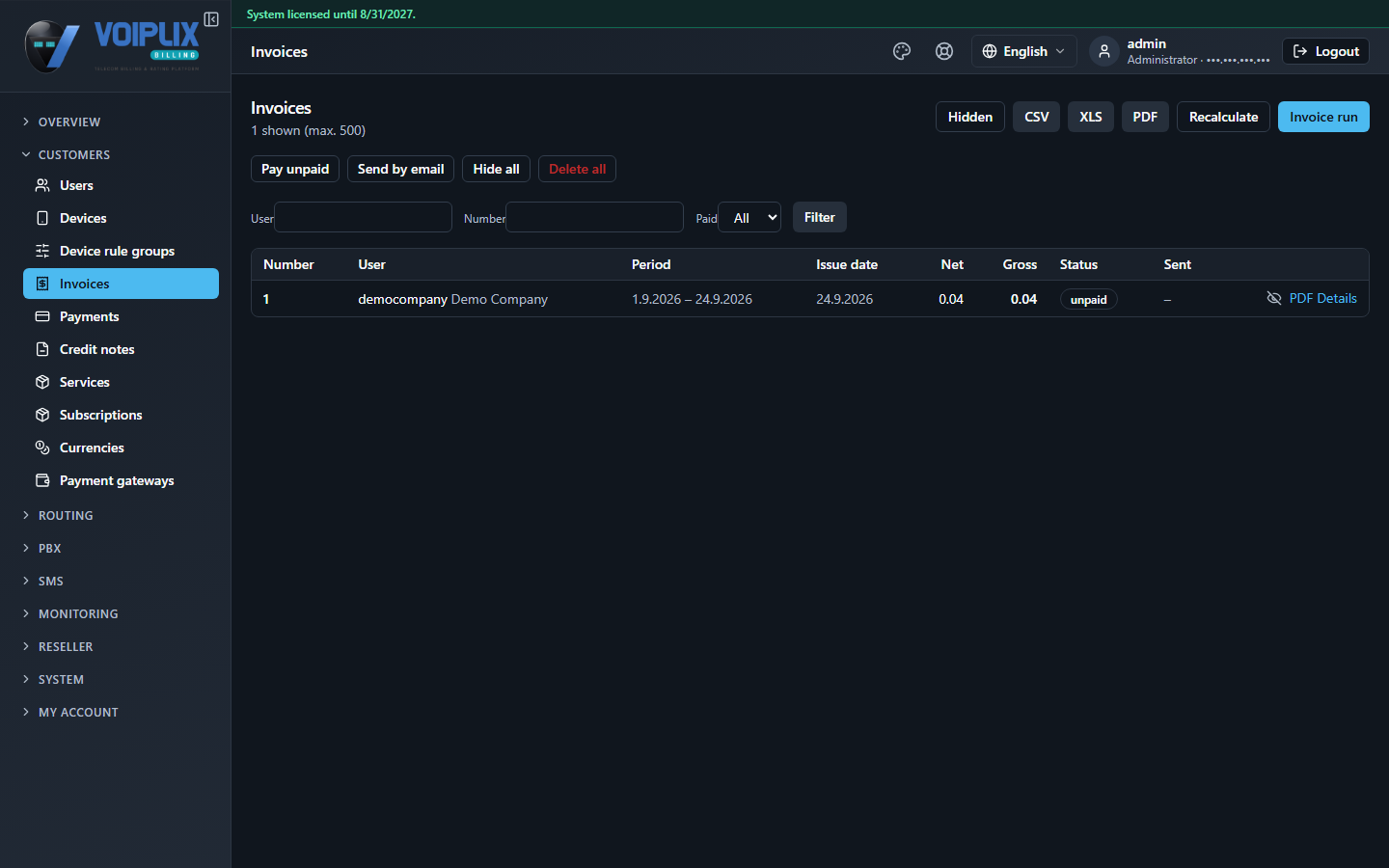 Invoices list in the product: Number, User, Period, Issue date, Net, Gross, Status and Sent columns, with CSV, XLS and PDF export buttons.