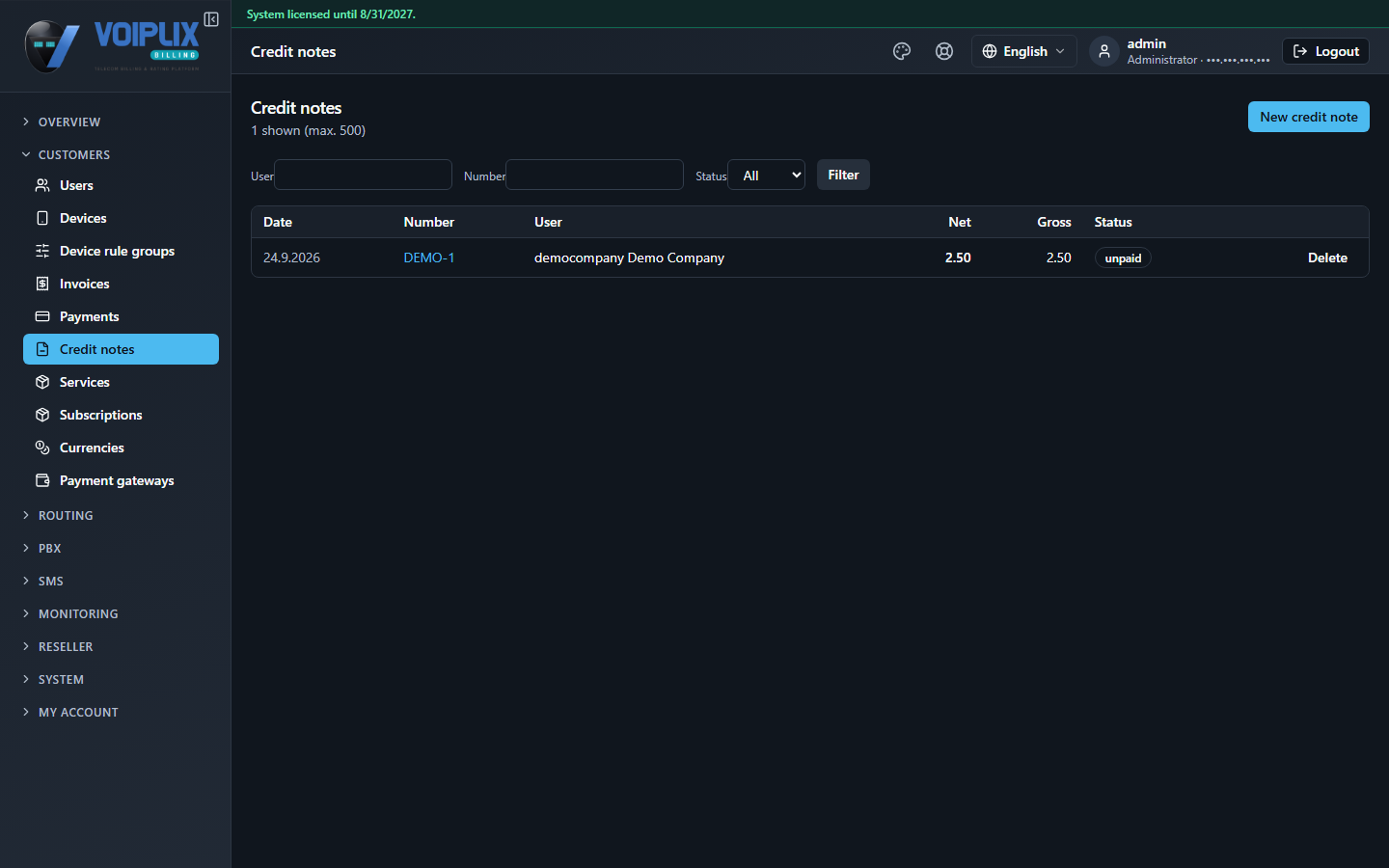 Credit notes list with one row: date 24.9.2026, number DEMO-1, user democompany Demo Company, Net 2.50, Gross 2.50, status unpaid, Delete button.