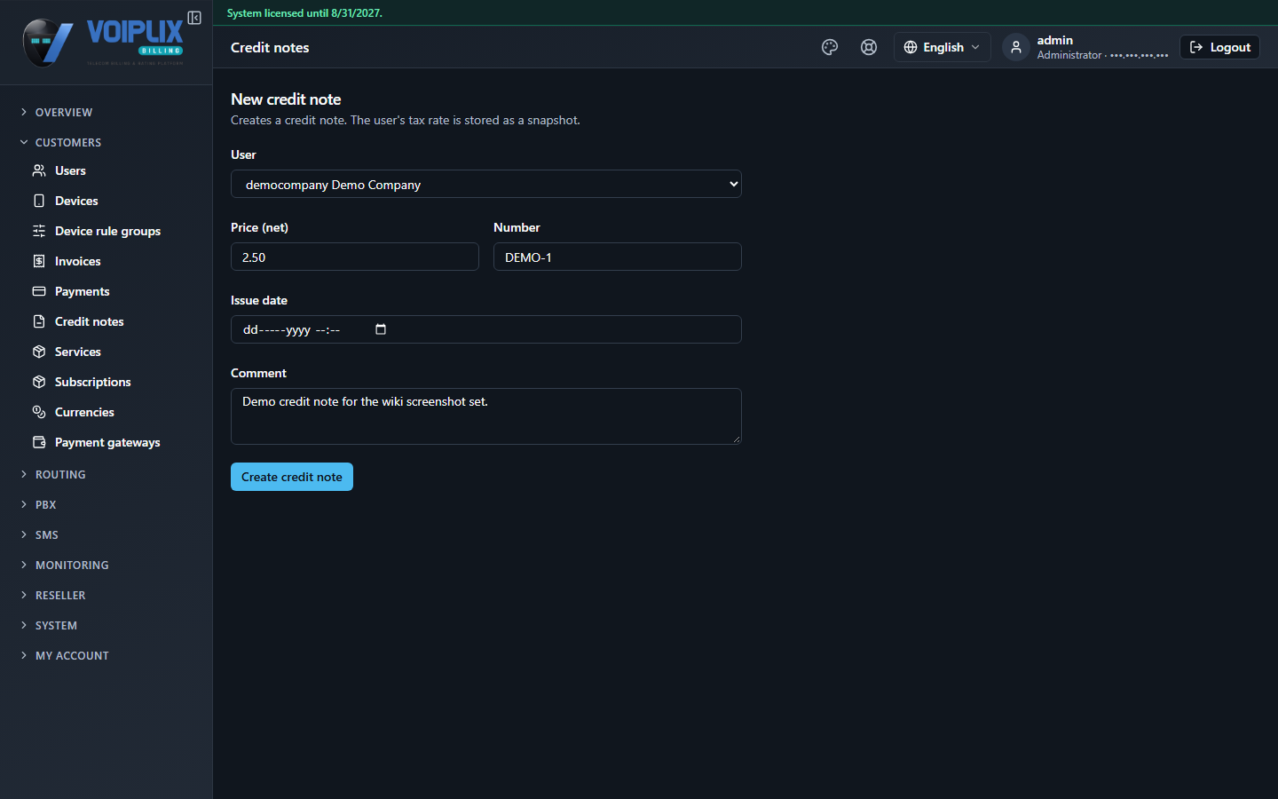 New credit note form: a note that the user's tax rate is stored as a snapshot, User democompany Demo Company, Price (net) 2.50, Number DEMO-1, Issue date, Comment Demo credit note for the wiki screenshot set, and a Create credit note button.