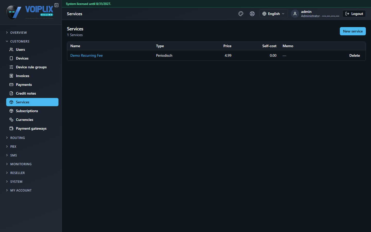 Services list: one row, Demo Recurring Fee, type Periodisch, price 4.99, self-cost 0.00.