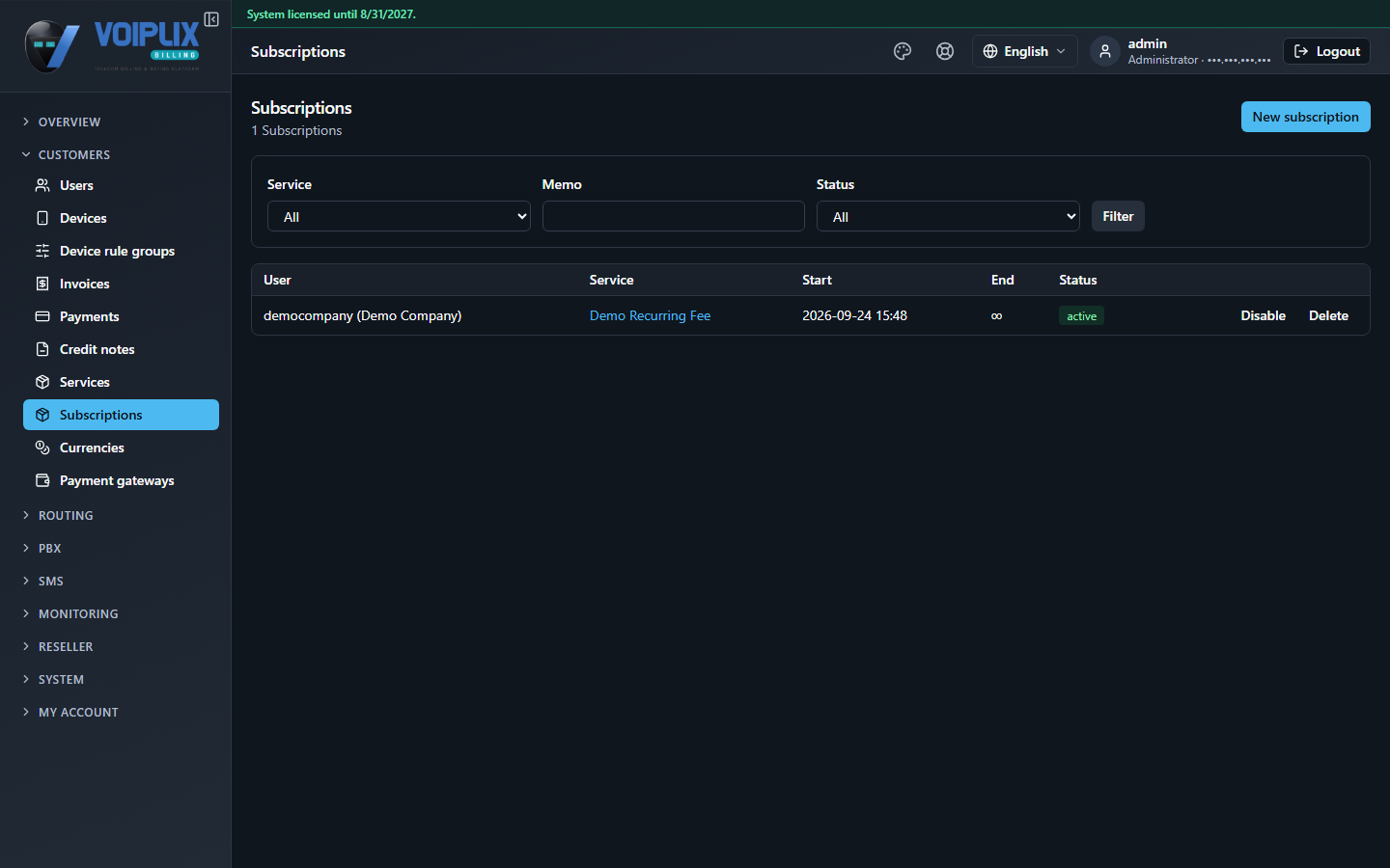 Subscriptions list: one row, User democompany (Demo Company), Service Demo Recurring Fee, Start 2026-09-24 15:48, End infinity symbol, status active, with Disable and Delete buttons.