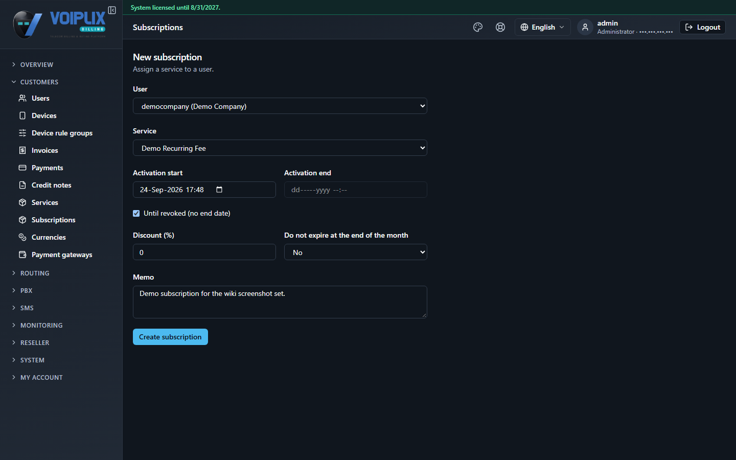 New subscription form: User democompany (Demo Company), Service Demo Recurring Fee, Activation start 24-Sep-2026 17:48, Activation end blank, Until revoked (no end date) checked, Discount (%) 0, Do not expire at the end of the month No, Memo Demo subscription for the wiki screenshot set, and a Create subscription button.