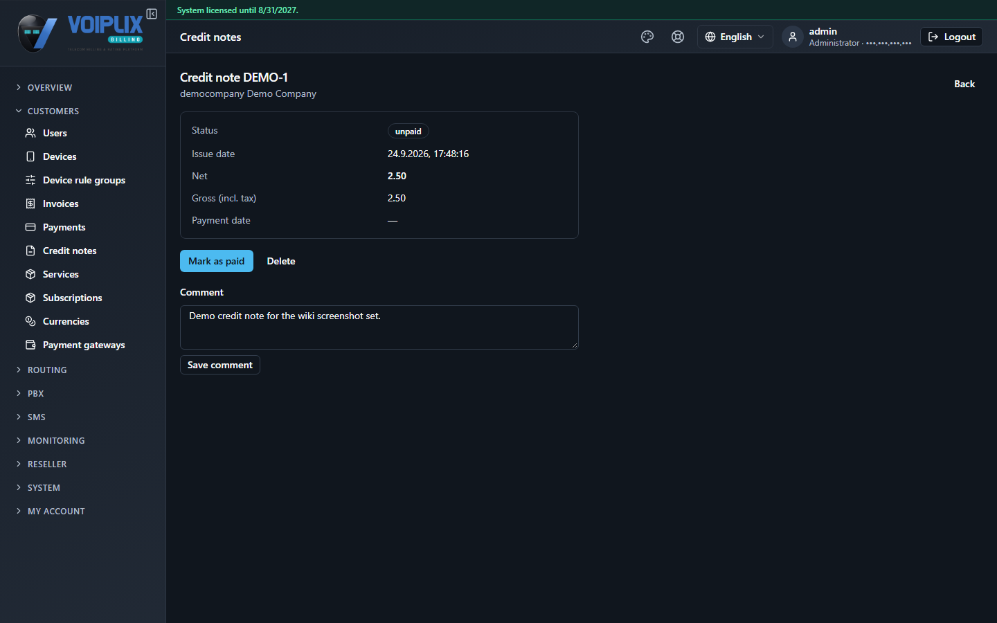 Credit note DEMO-1 detail page: democompany Demo Company, Status unpaid, Issue date 24.9.2026 17:48:16, Net 2.50, Gross (incl. tax) 2.50, Payment date dash, Mark as paid and Delete buttons, and a Comment box with Demo credit note for the wiki screenshot set and a Save comment button.